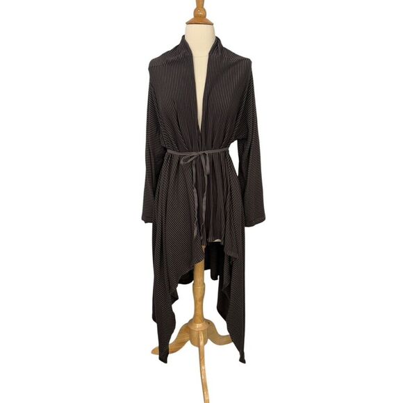 Bryn Walker Size L Long Open Cardigan Belted Black Gray Stripe Lagenlook Stretch - Picture 13 of 13